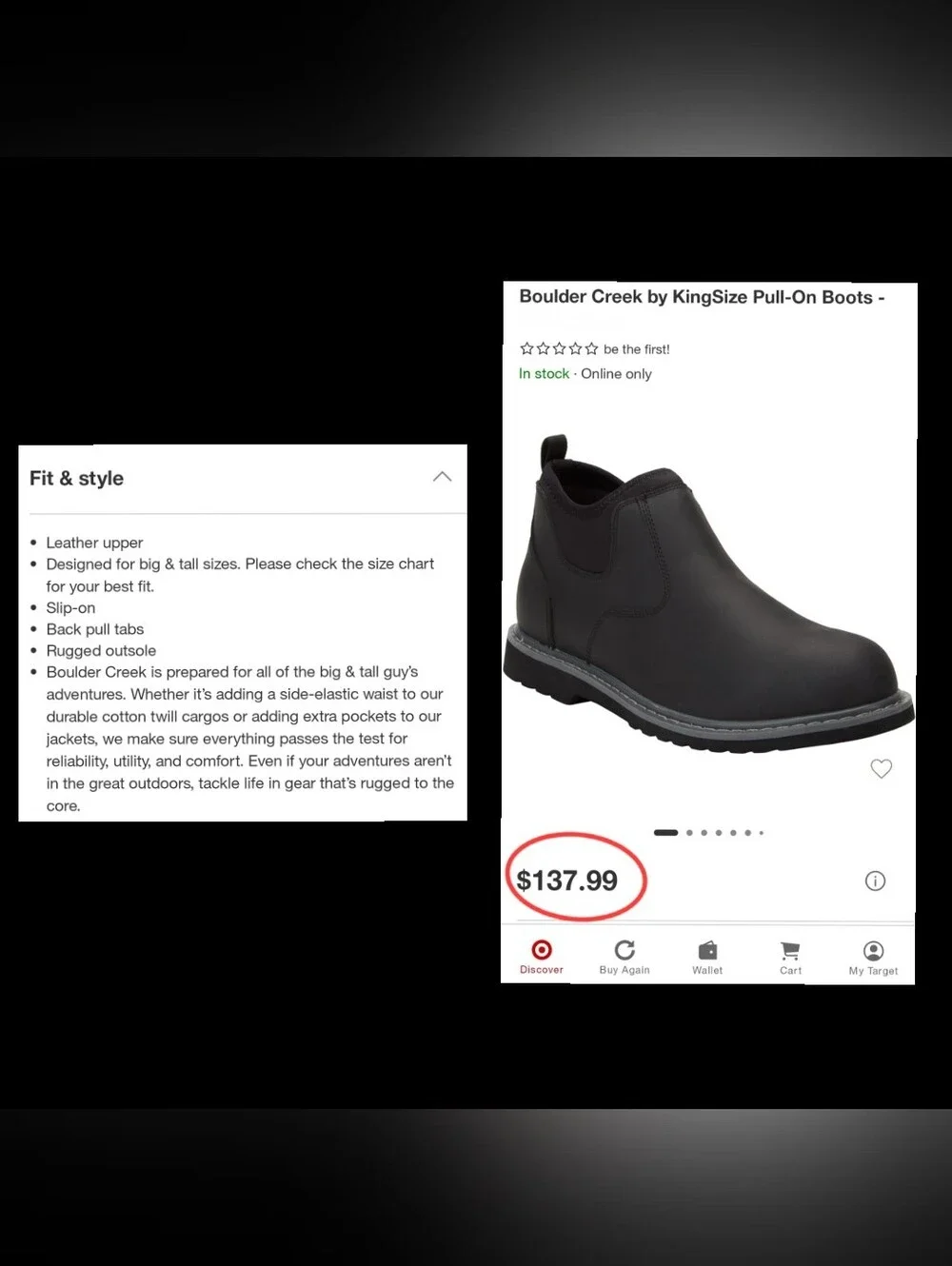 $138 Men Big & Tall 17EW Boulder Creek Kingsize ankle boots black leather 17 EW